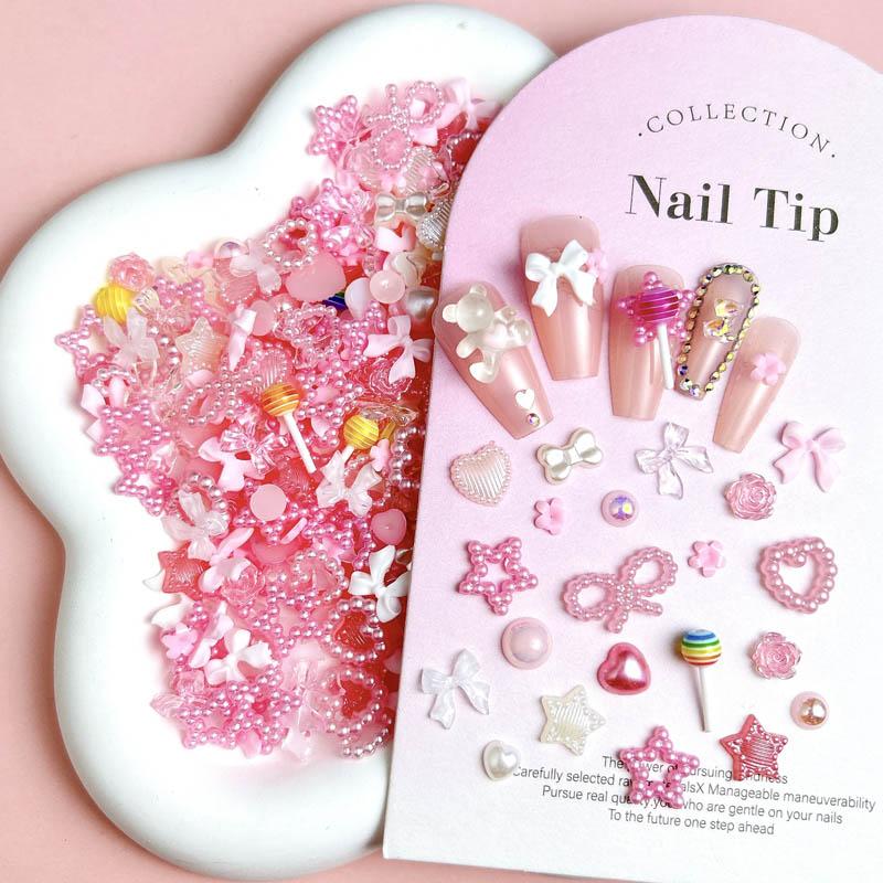 100PCS Sweet Minimalist Bow Resin Nail Charms Simulated Heart Candy Half Round Pearls Pink Decorations DIY Nail Art Supplies
