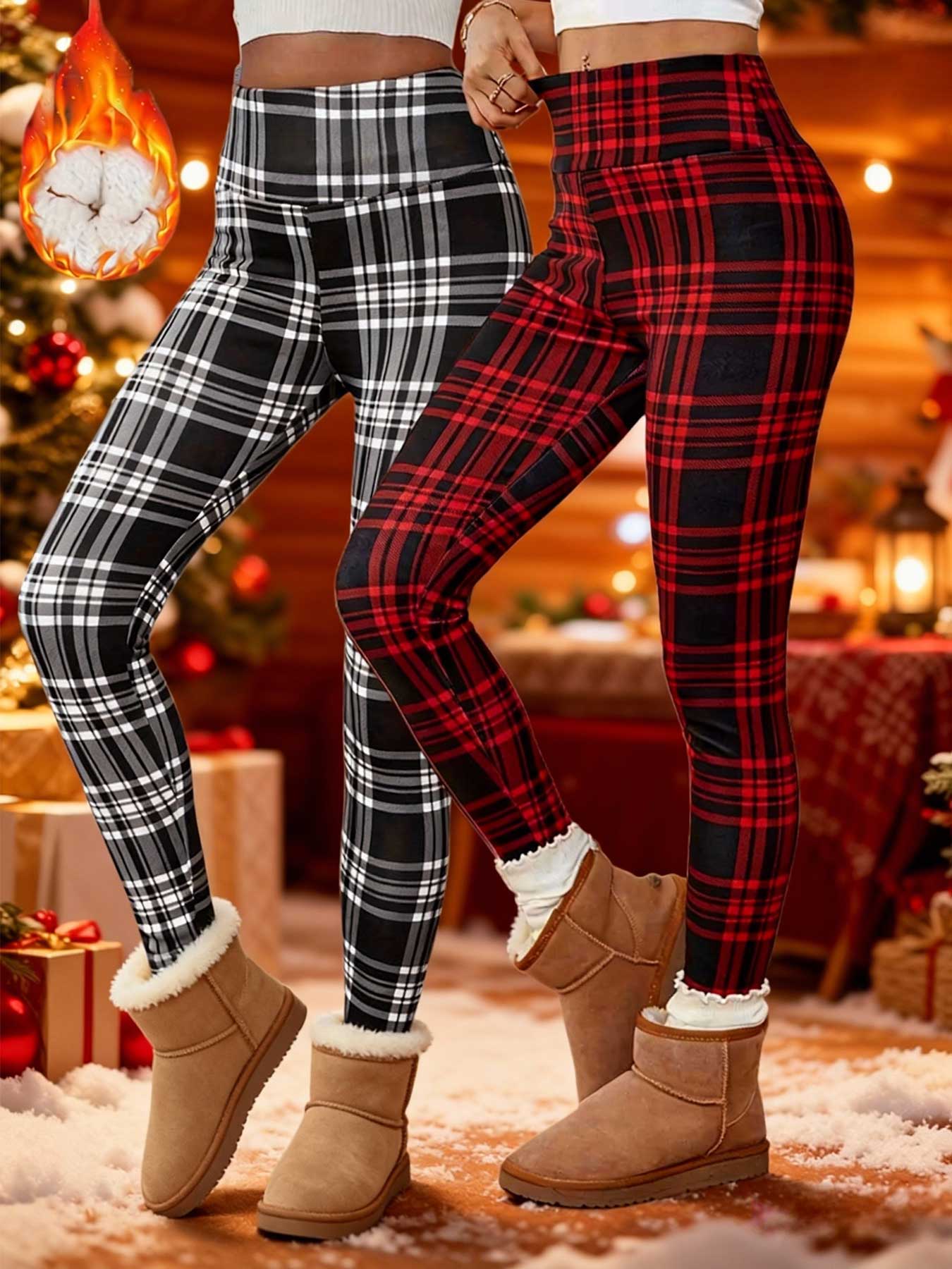 Women's Winter High Waist Plaid Fleece Lined Pants, Elastic Warm Lamb Velvet Nine-Point Leggings, Casual Fashion S-Xxl, Stretchy Soft Leggings