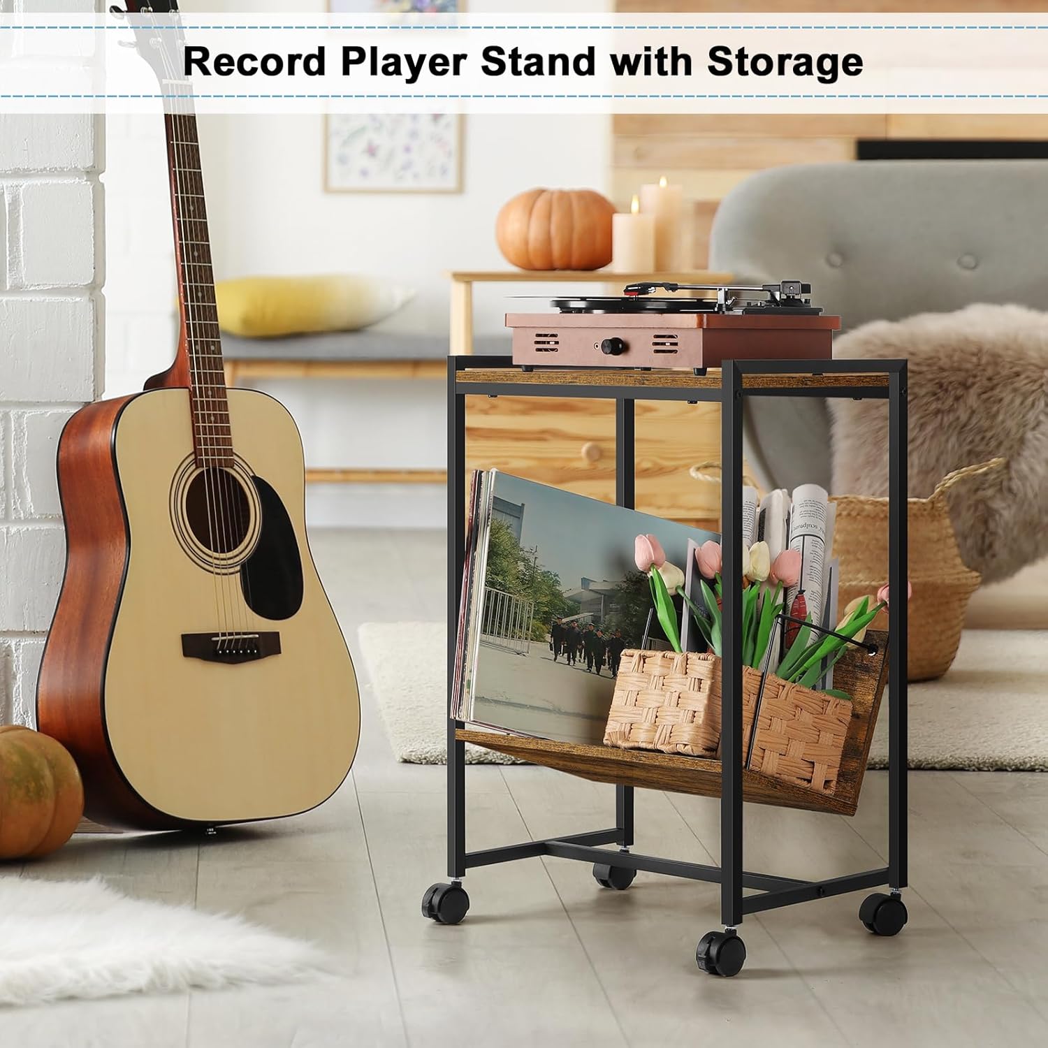 Record Player Stand Industrial Record Player Table with Album Storage Shelf, Turntable Stand with Wheels Vinyl Record Holder Cabinet for Living Room Office, Rustic Brown