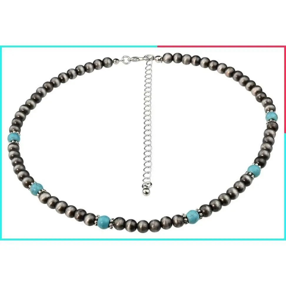 Turquoise Navajo Pearl Beaded Choker Necklace for Women Boho Vintage Western Cowgirl