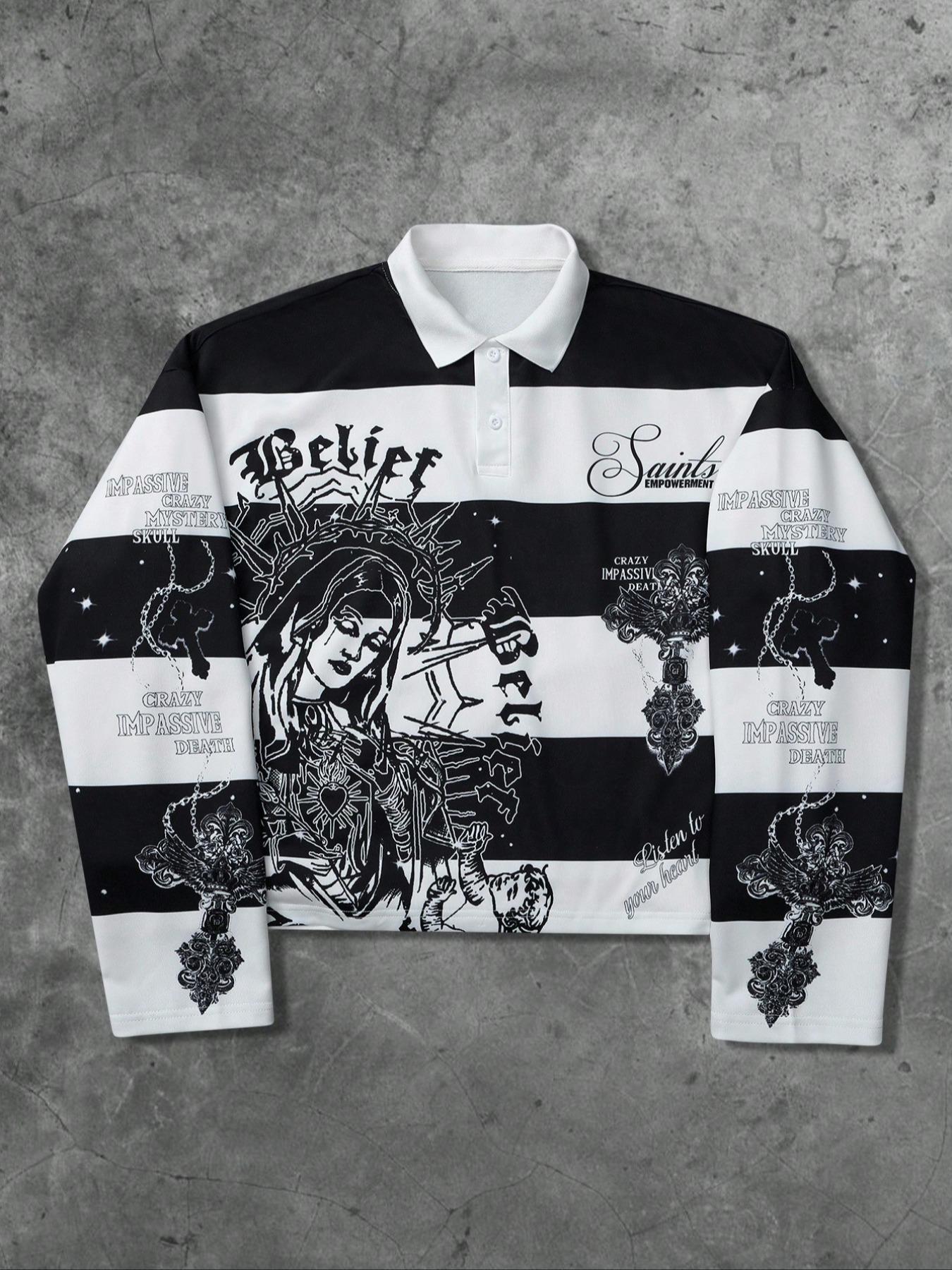 Unisex Y2K Style Virgin Mary & Saints Cross Print Striped Hoodie, Casual Streetwear, Couple, Trendy Pullover, Men's Gift