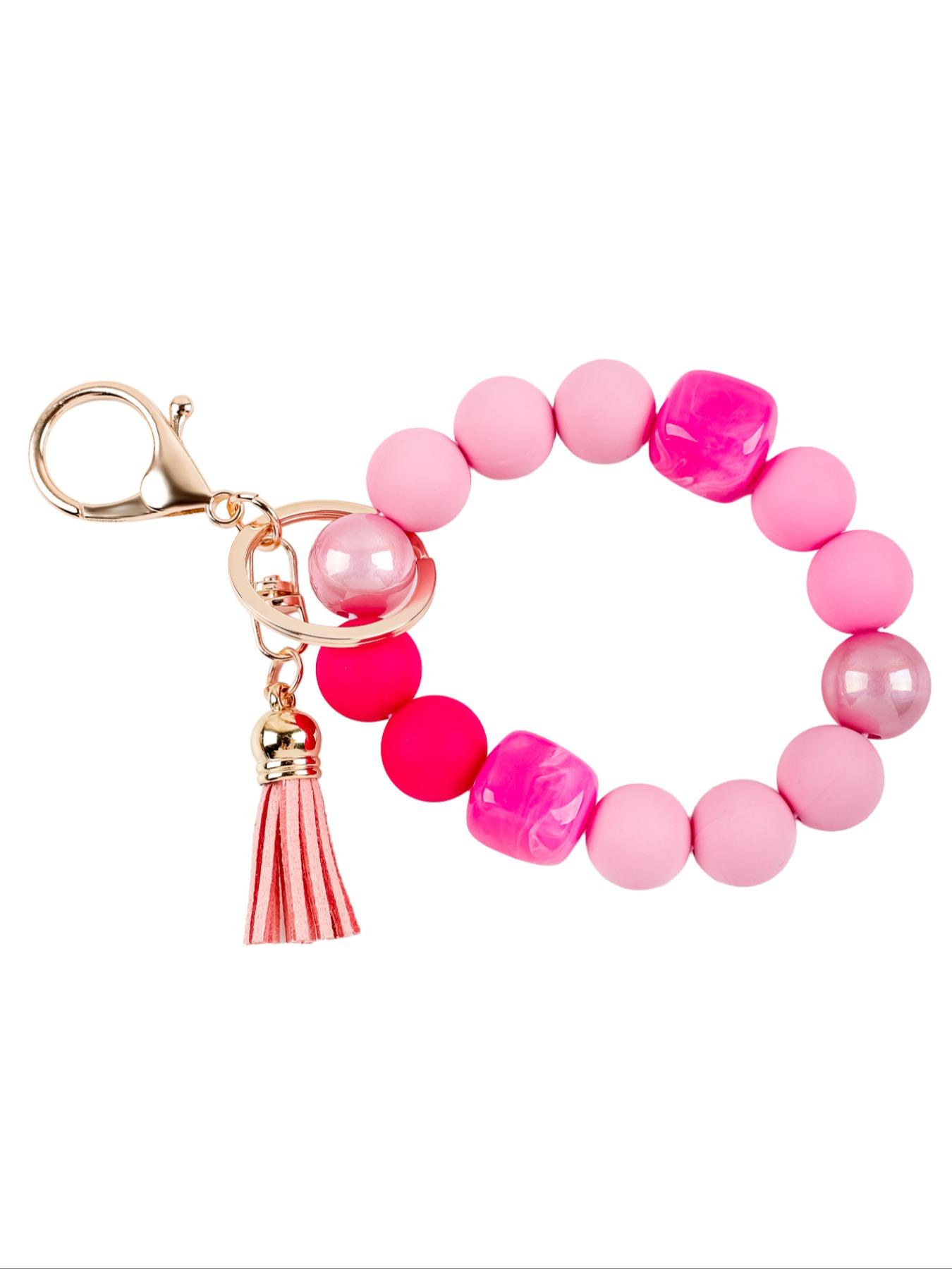 Solid Color Beaded Wristlet Keychain for Women, Matte Silicone Acrylic Beads, Tassel Charm, Minimalist Key Holder, Fashion Gift