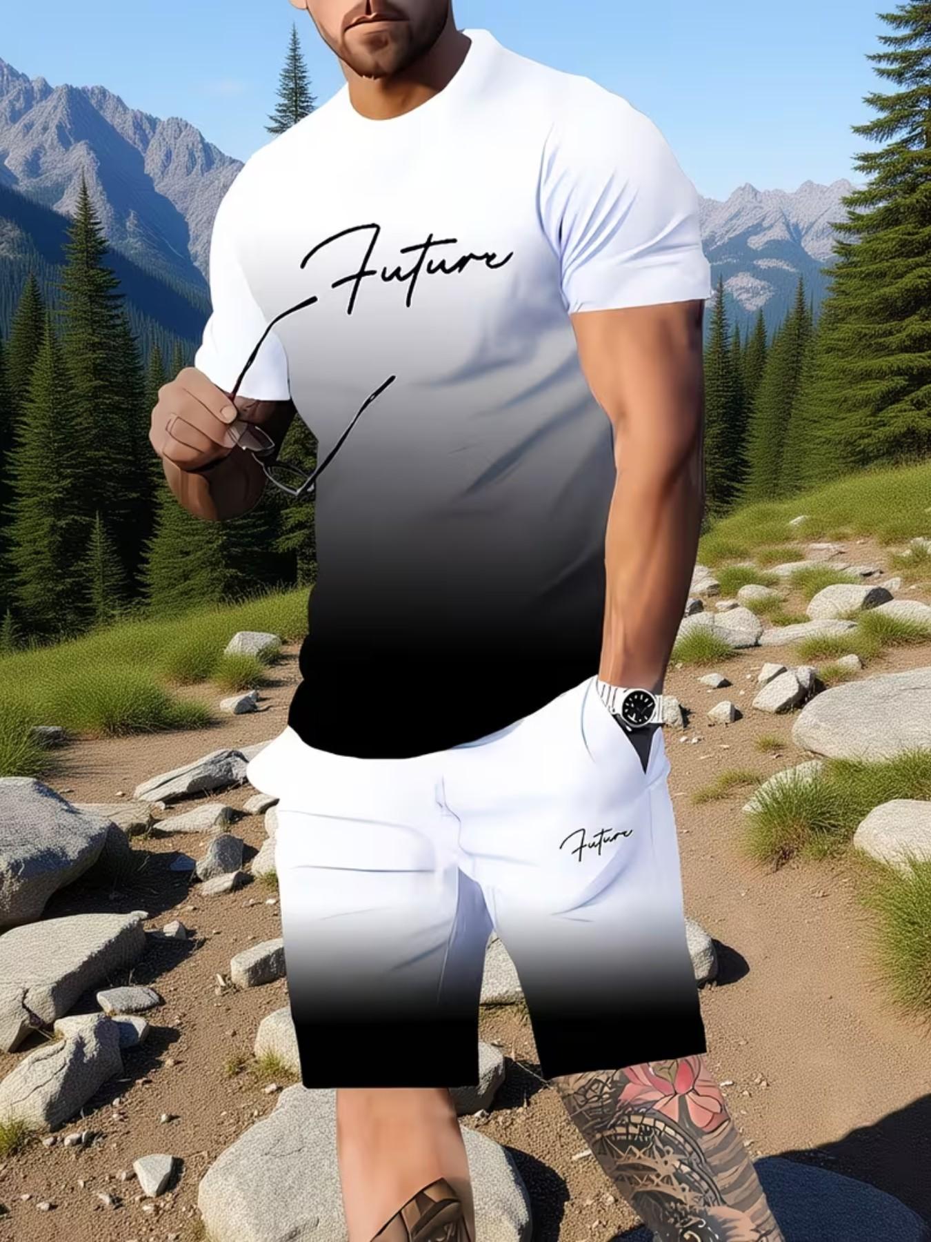 Men's Summer Casual Sports Set, Striped Print Short Sleeve T-Shirt and Pocket Shorts, Gradient Blue to