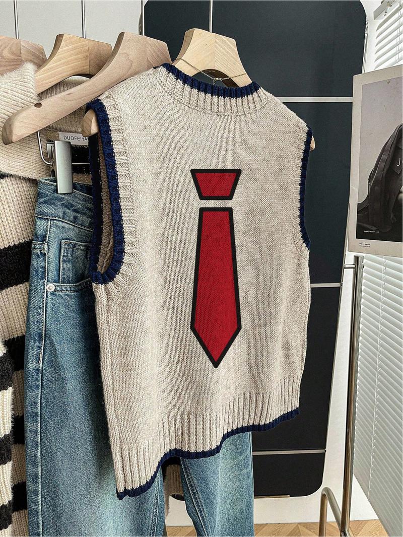 One piece + Women's spring/summer casual-retro loose-fit round-neck sleeveless knit top. Deep blue contrast trim + red-scarf patchwork print. Perfect for school vibes - layer with a vest or wear it solo! Color Block Vest