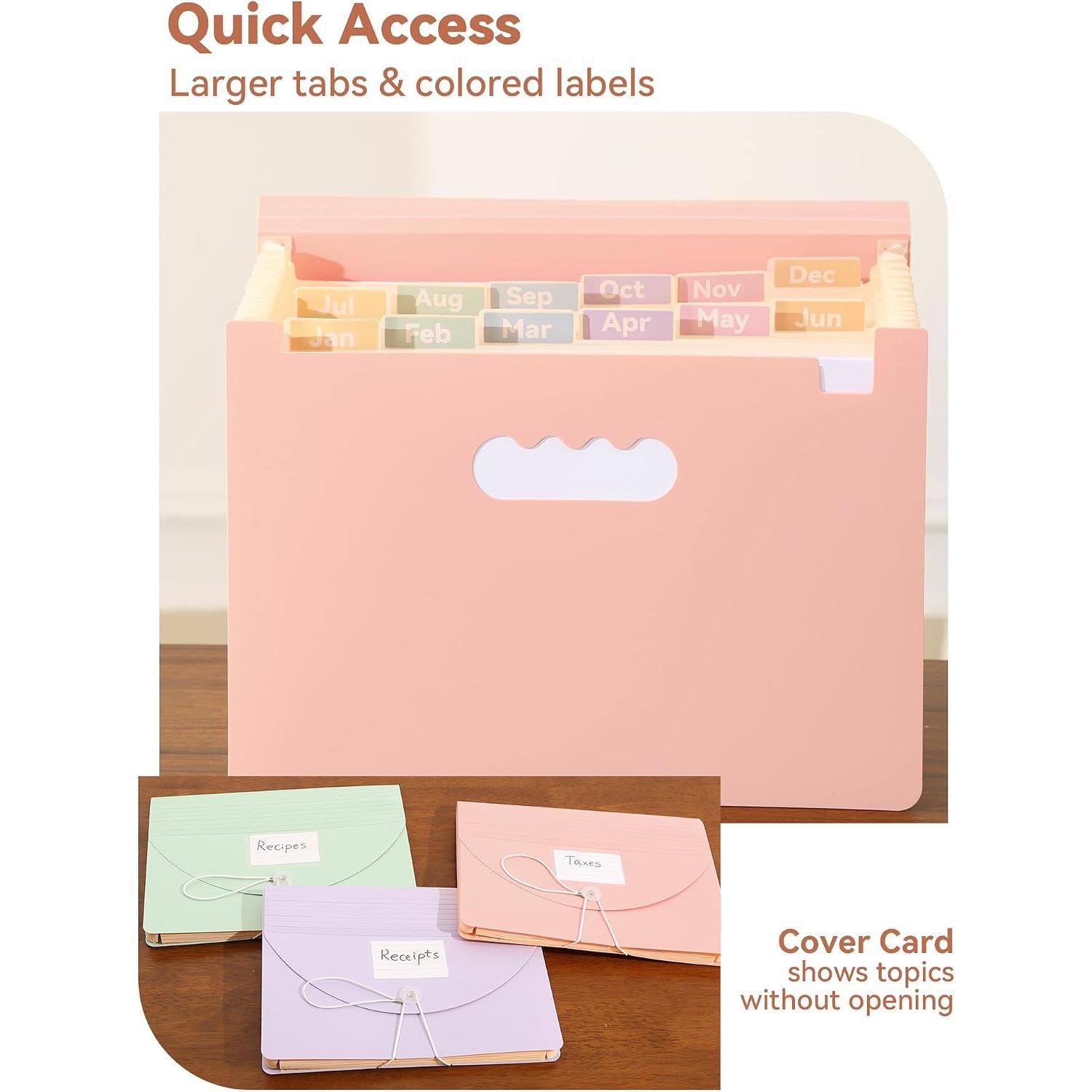 Accordion File Organizer 12 Pockets, Monthly Bill Receipt Tax Organizer, Expanding File Folders with Larger Bright Tabs, Fits Letter/A4 Size -