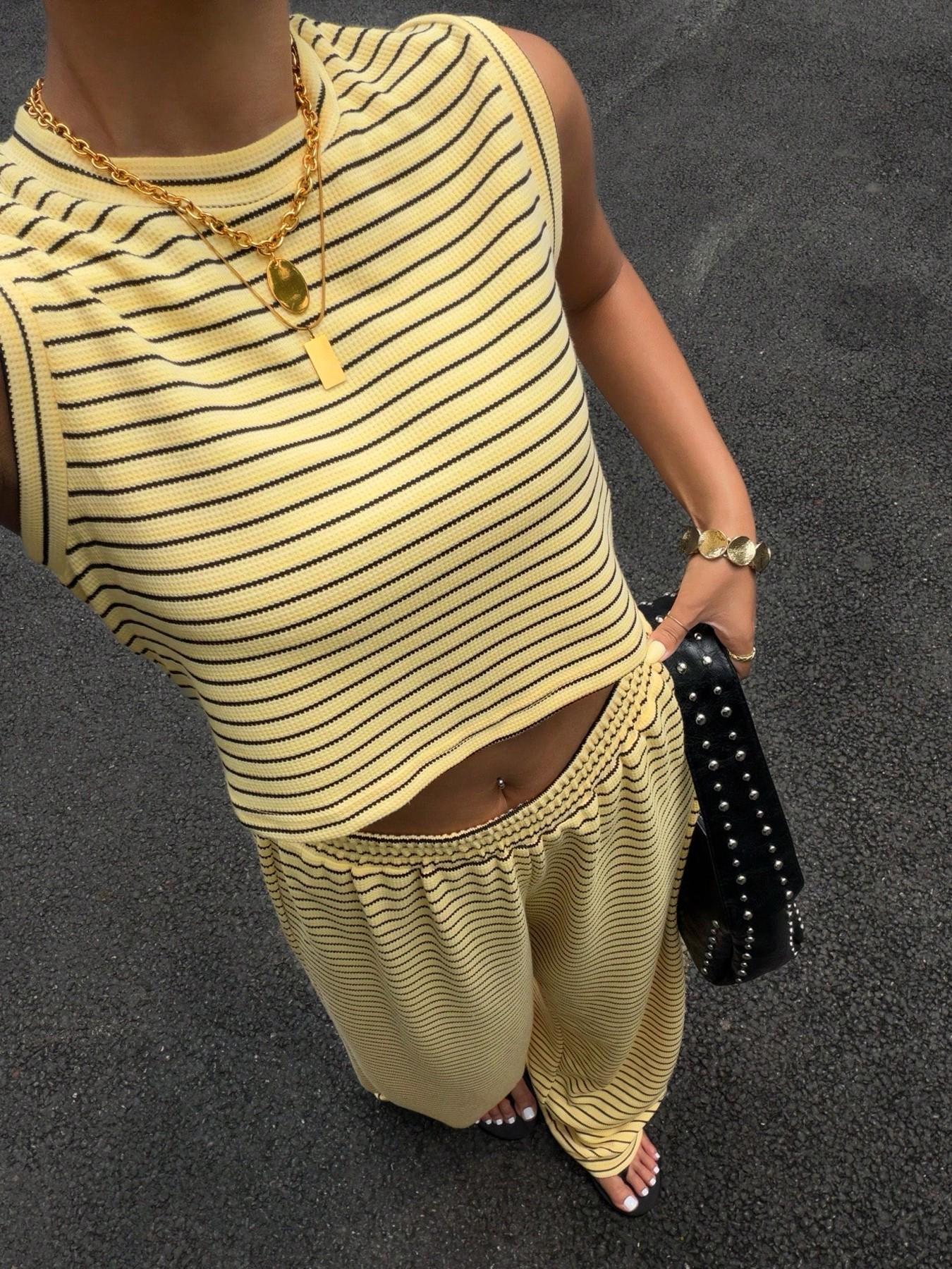 Summer Striped Two-Piece Set, Loose Round Neck Sleeveless Tank Top, Elastic Waist Casual Vacation, Comfortable Home Wear