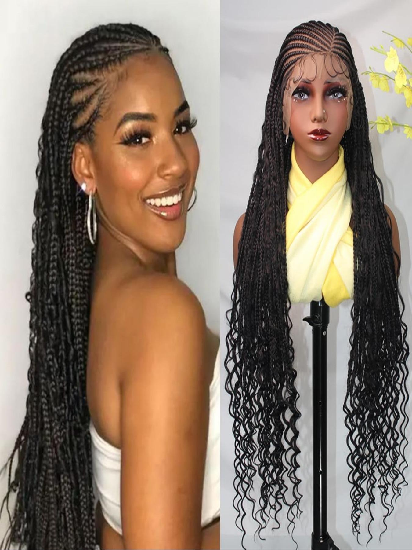 Boho Style 36 Inch Braided Wigs for Women, HD Full Lace Side Part, Synthetic Heat Resistant Fiber, Handmade Braids for Daily Wear