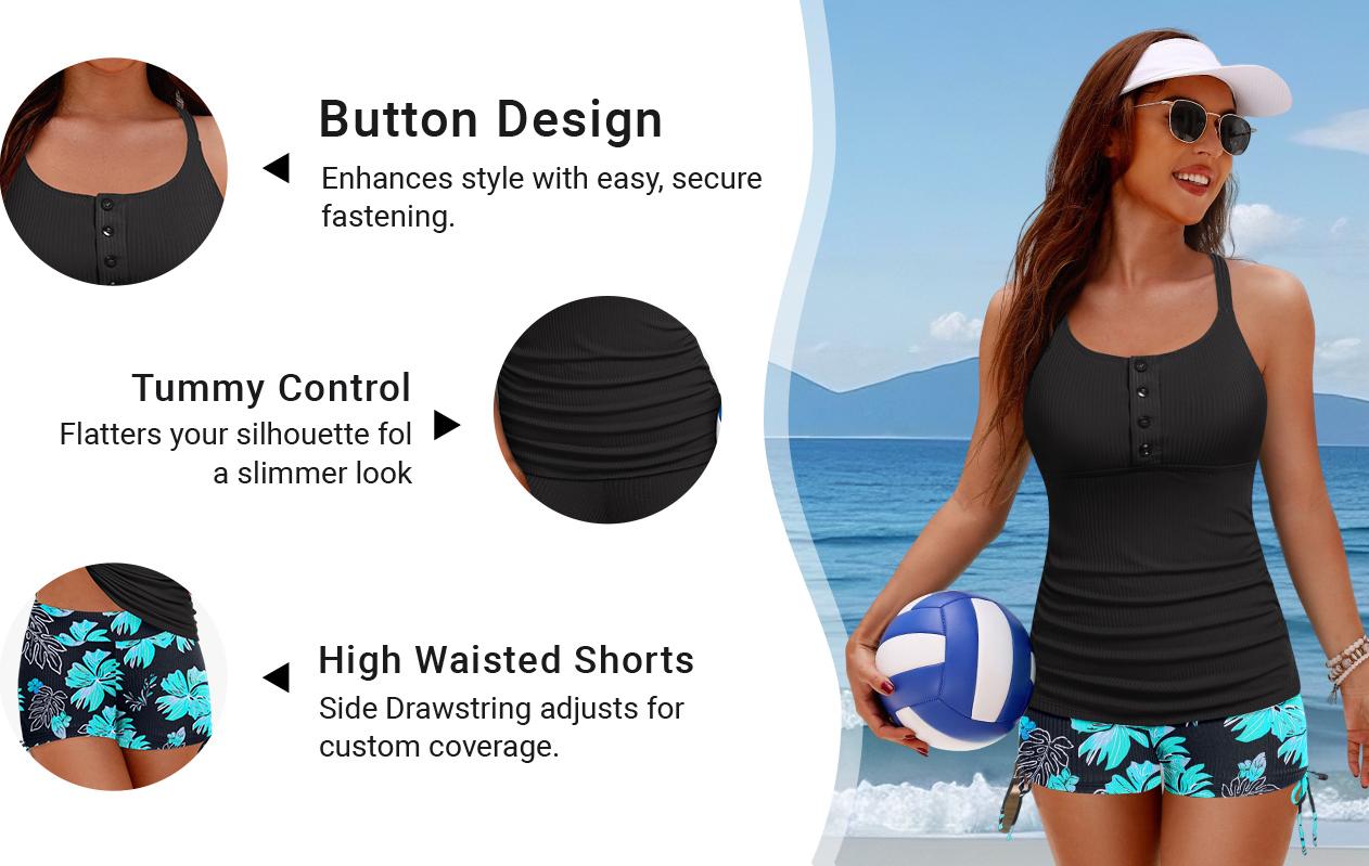 Daci Tankini Swimsuits for Women - Two Piece Tummy Control Swimsuits Ribbed Tankini Top with Shorts Button Bathing Suits  SwimWeek  summervibes