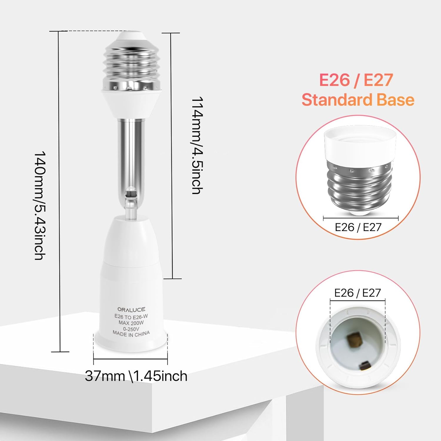 2 Pack E26 Light Socket Extender - Standard Medium Base Adapter, Adjustable 180° & 360°, Bulb Adapter Converter Max 200W, 0-250V