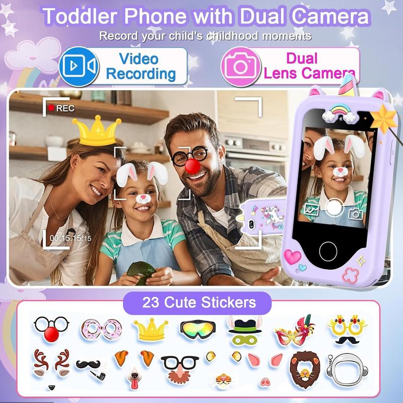 Unicorn Design Camera, Touchscreen Phone Camcorder, 10x Zoom Selfie HD Lens, Cute Stickers, Recorder & Music Player Gift