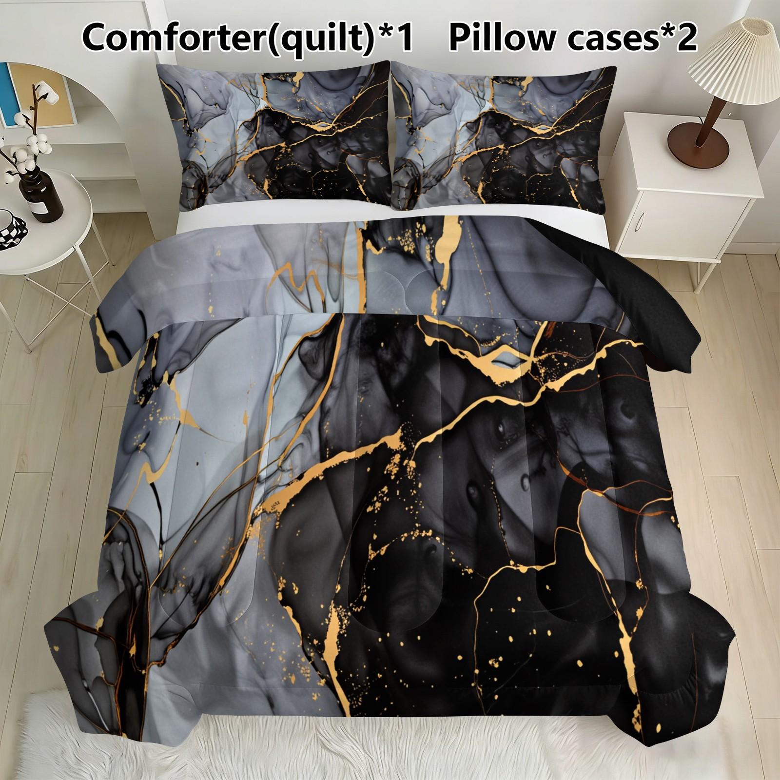 3-Piece Marble Pattern Bedding Set - Soft, Lightweight, Breathable Bedding with 200gcm Quilted Filler, Includes 1 Quilt and 2 Pillowcases (excluding pillow core) Suitable for bedroom and dormitory exclusive decoration for teenagers and adults