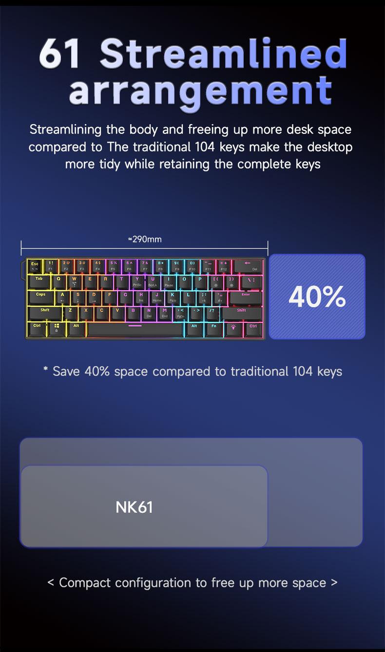 AJAZZ NK61 Mechanical Keyboard with Red Switches, ABS Black Keycaps, 60% Compact Layout, Wired Office Mechanical Keyboard, TKL Mixed Backlighting, Ribbon Included, Portable, Comfortable Typing Feel, Suitable for Gaming, Office, and More Scenarios