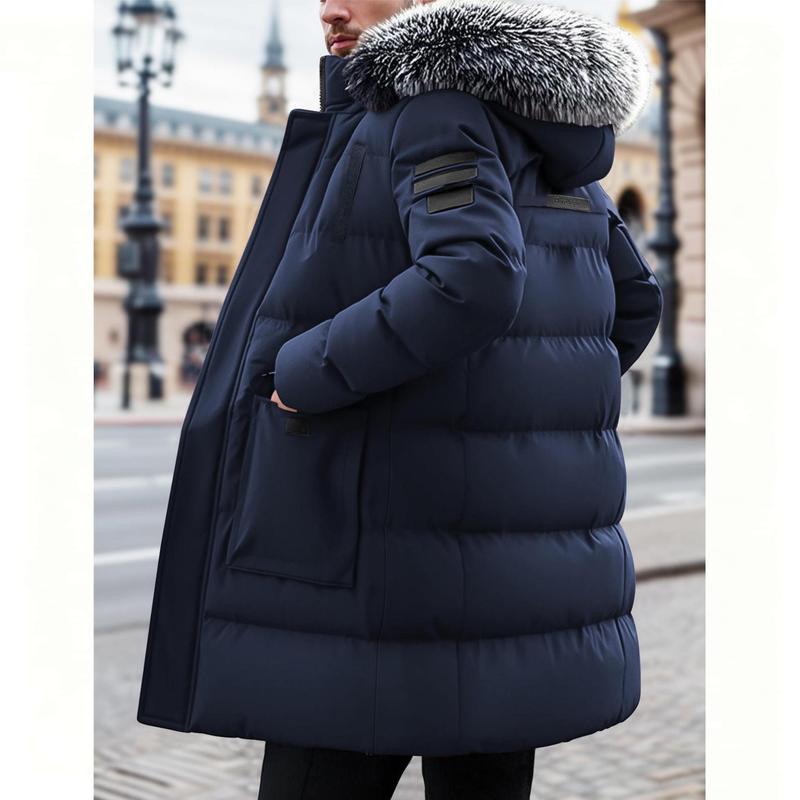 Men's Winter Long Parka Coat, Thick and Warm Insulation, Detachable Faux Fur Hood Pocket, Suitable for Outdoor Skiing and Daily Commuting