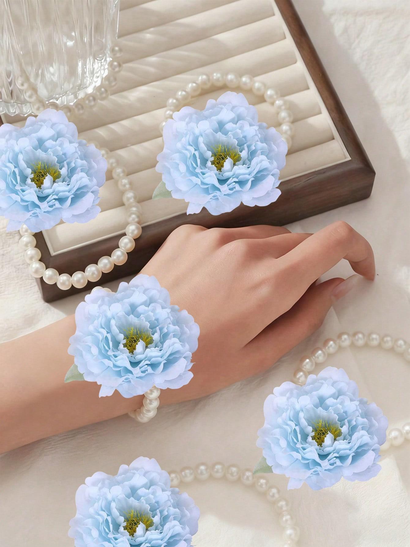 Elegant Blue Garden Rose Wrist Corsage - Bridal Headpiece, Bridesmaid Wrist Corsage, Party Bracelet, with Artificial Pearl Chain and Green Leaves, Durable, Soft and Comfortable, for Bride, Bridesmaid, Groom/Bride