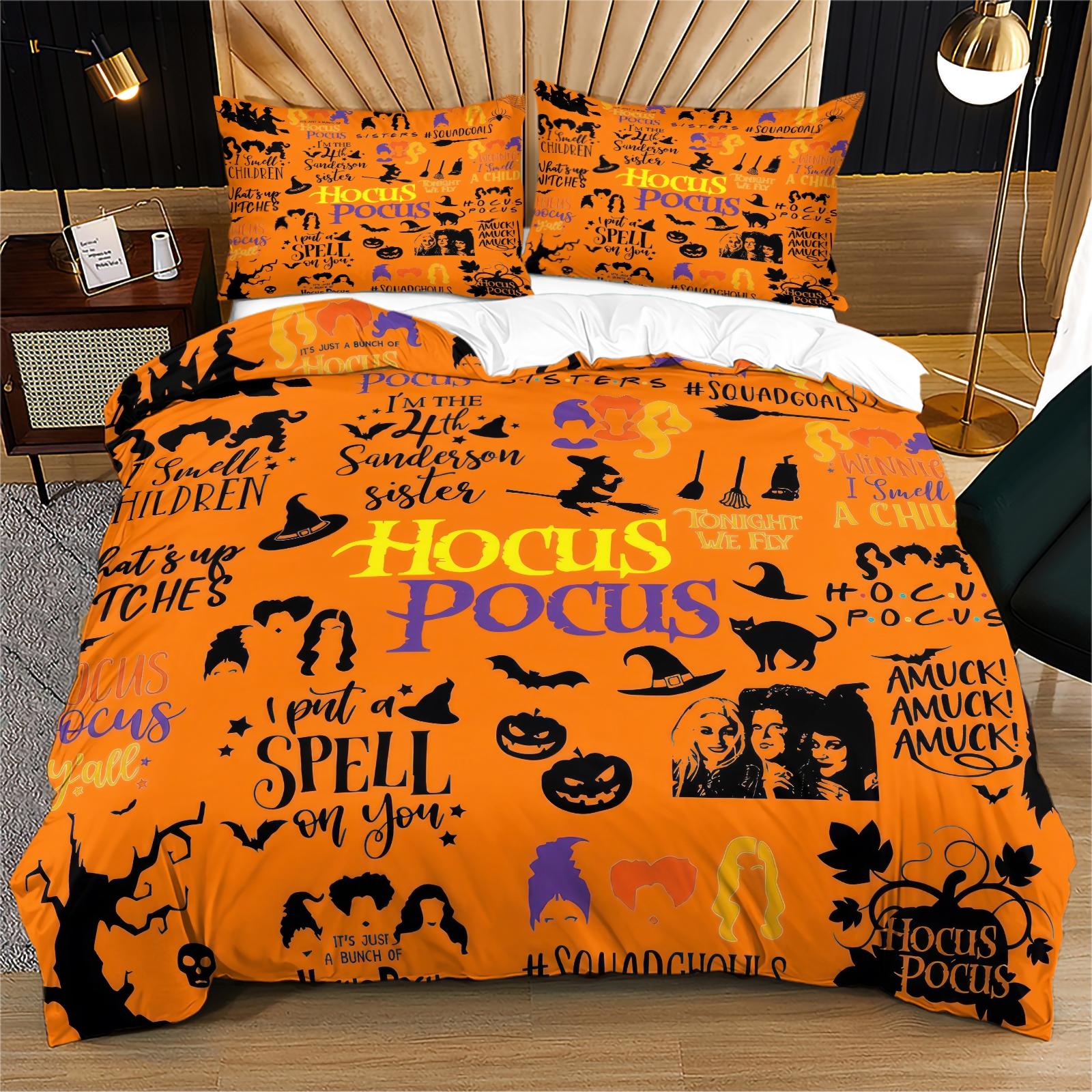 Soft Durable Hocus Pocus Bedding Set, Includes 1 Fitted Sheet and 1 or 2 Pillowcases, No Cotton Inner Core, Ideal for Daily Use, Holidays, Birthdays