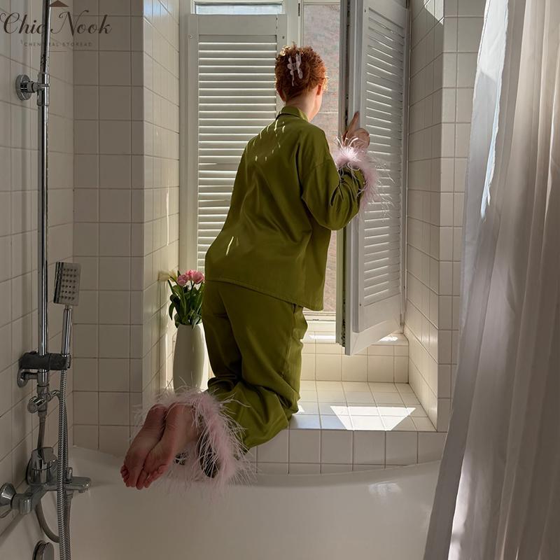 Feather Pajamas for Women Long Sleeves Button Down Shirt Lounge Pants Set Satin Silky Bridal Pjs