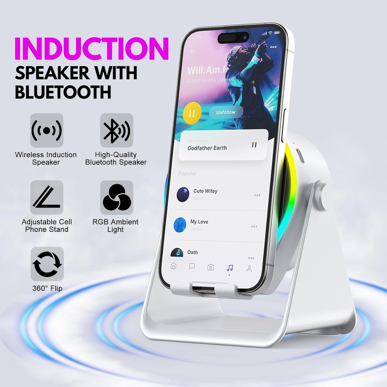 Wireless Induction Audio Bluetooth Speaker,360° Rotation Stand with LED,Universal Speaker Stands for Surround Sound&Hi-Fi Sound,Portable Desktop Stand Gift for Home,Shower,Outdoors,Travel