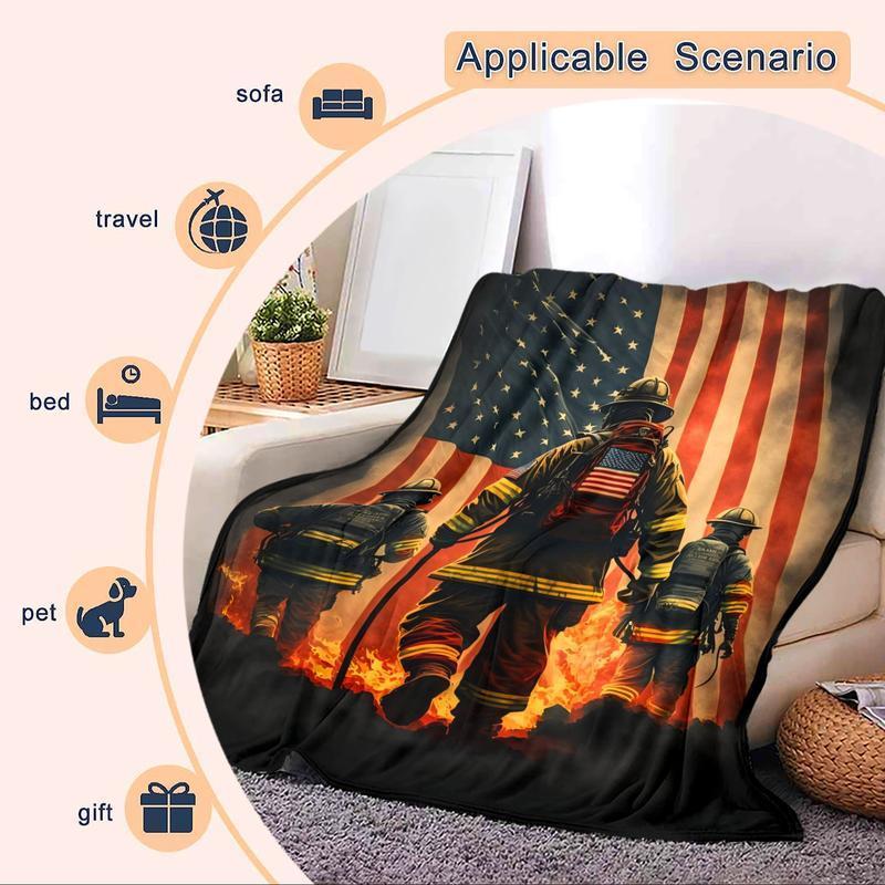Firefighter & American Flag Pattern Blanket, 1 Count Soft Air-conditioned Room Throw, Warm Nap Blanket for Home Office Travel Camping, Figure Print Blanket