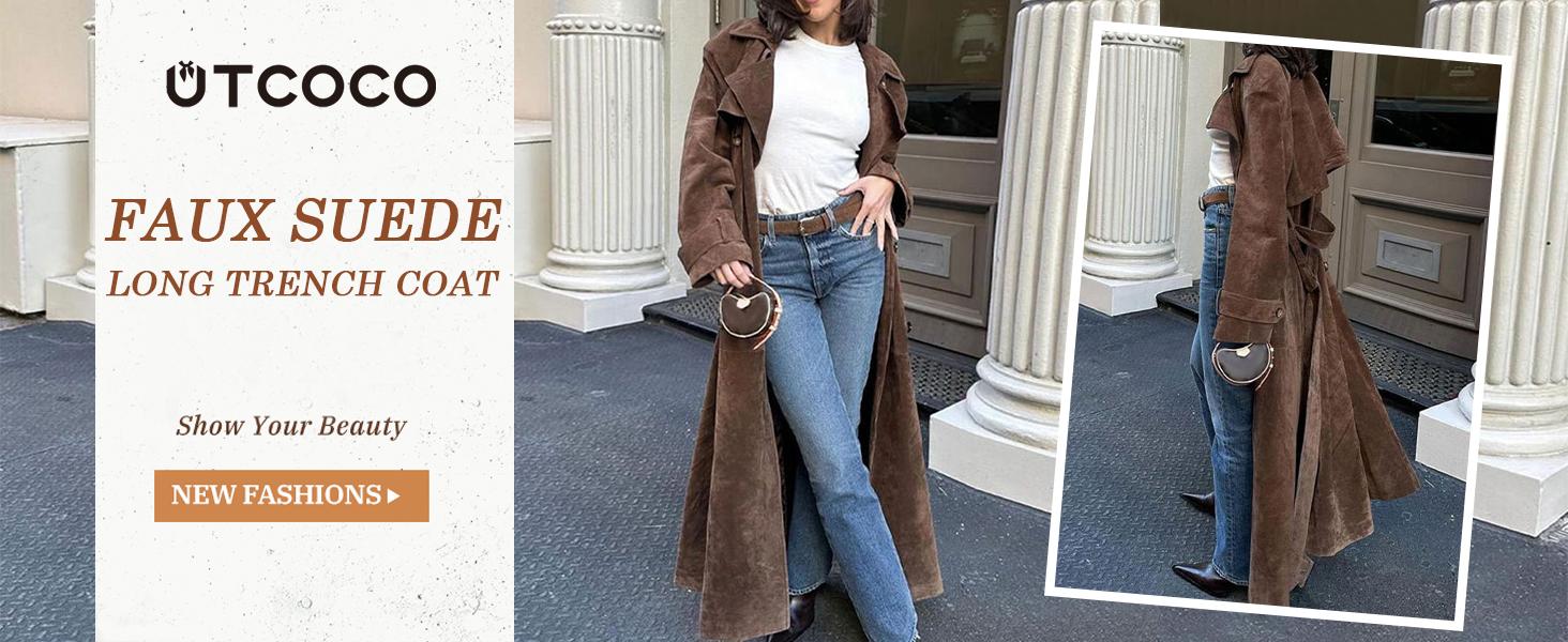 utcoco Women's Faux Suede Long Trench Coat Notched Lapel Double-Breasted with Belt Casual Fitted Outerwear Jackets Tops for Autumn & Winter SpringStatements