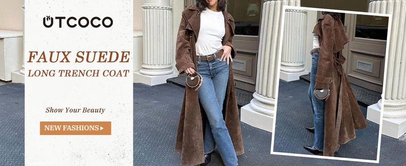 utcoco Women's Faux Suede Long Trench Coat Notched Lapel Double-Breasted with Belt Casual Fitted Outerwear Jackets Tops for Autumn & Winter utcoco Women's Faux Suede Long Trench Coat Notched Lapel Double-Breasted with Belt Casual Fitted Outerwear Jackets Tops for Autumn & Winter