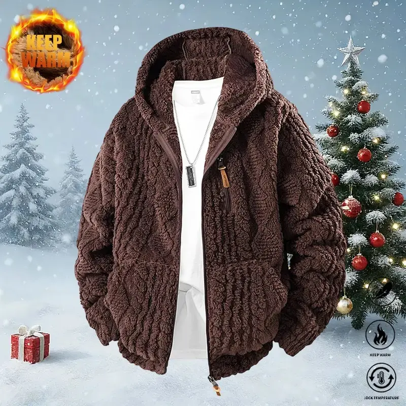 Men's Casual Plush Hooded Fleece Coat - Menswear Tops, Full-Zip Double Jacquard Outerwear, Drawstring Hood, Simple Stylish Minimalist Design, Suitable for Home & Daily Outings