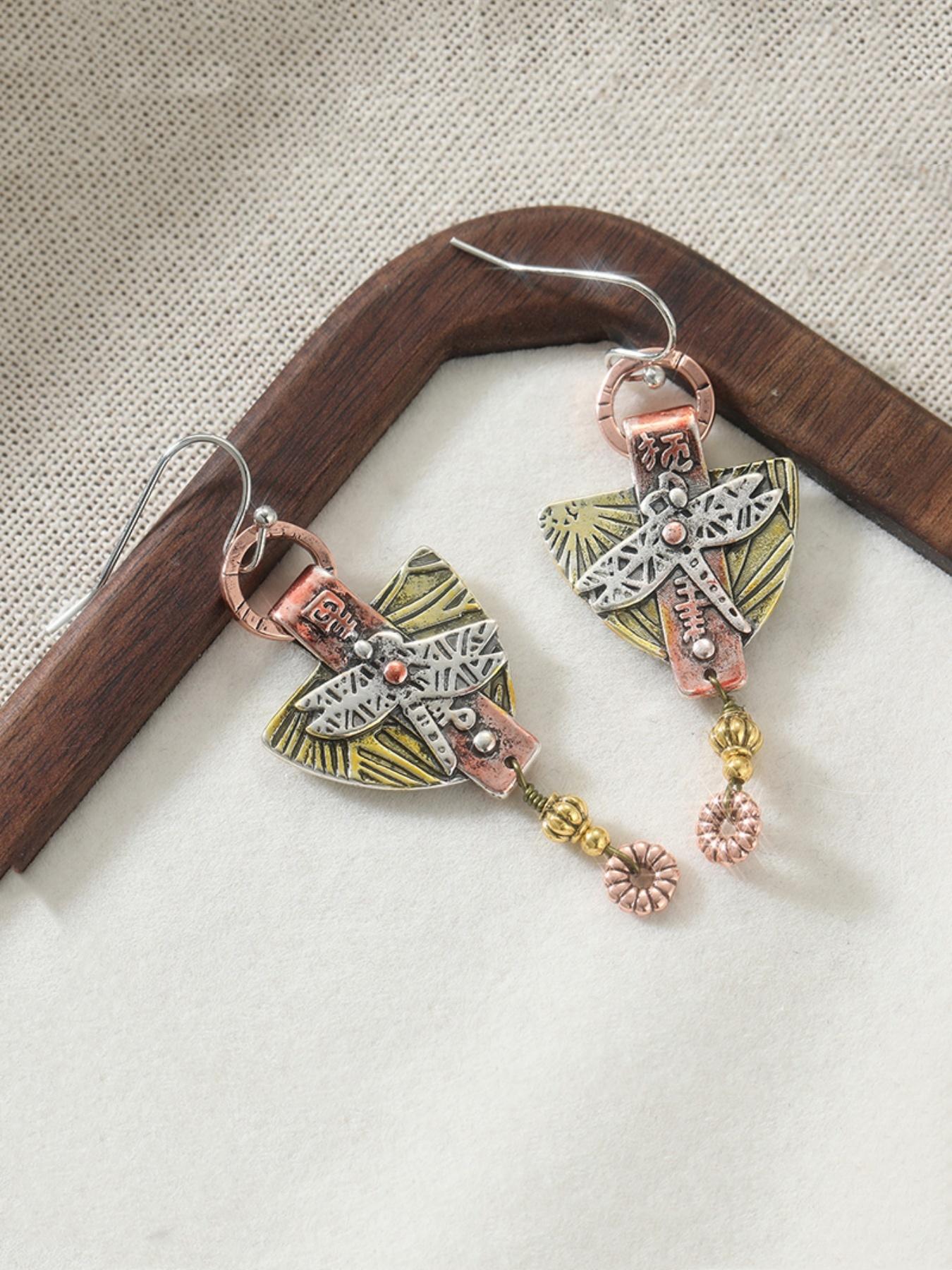 1pair of Ethnic Carved Dragonfly Geometric Drop Hook Earrings Pendientes Women's Vintage Round Triangle Dangle Earrings