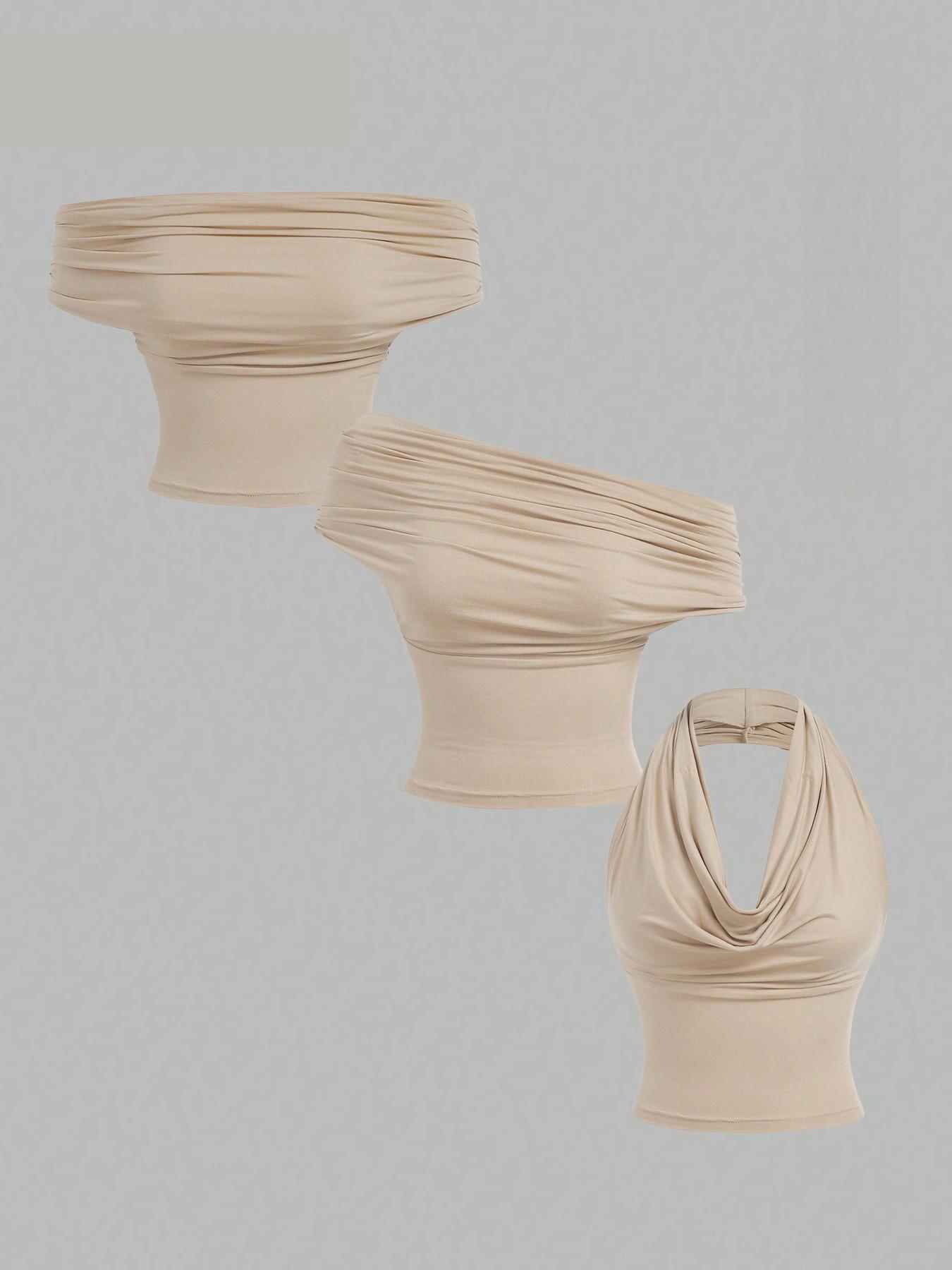 Fashionable New Sexy Blouse Women's Multi Way Wear Ruched Off The Shoulder Tops Draped Cowl Neck Halter Tops 3 Ways to Wear Womenswear