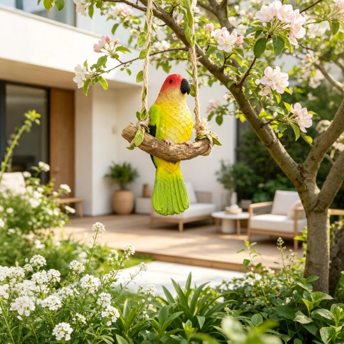 Colorful Bird Swing Decoration, Realistic Parrot Hanging Ornament, Resin Parrot Sculpture for Home Outdoor, Garden Decor Gift