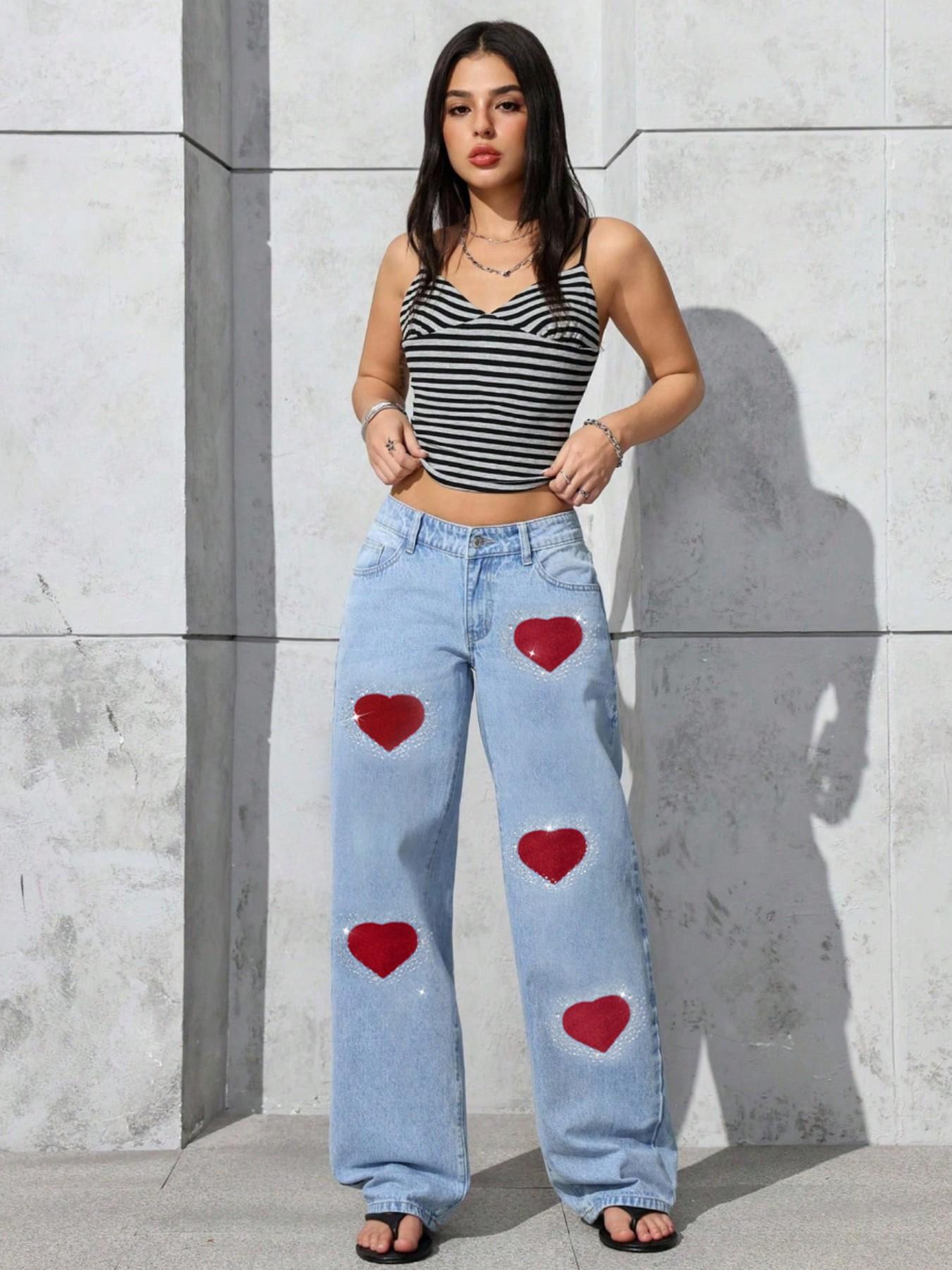 Women's Rhinestone Embroidered Jeans Pants, High Waist Loose-Fitting, Button Fly, Perfect for All Seasons, Elegant Fashion