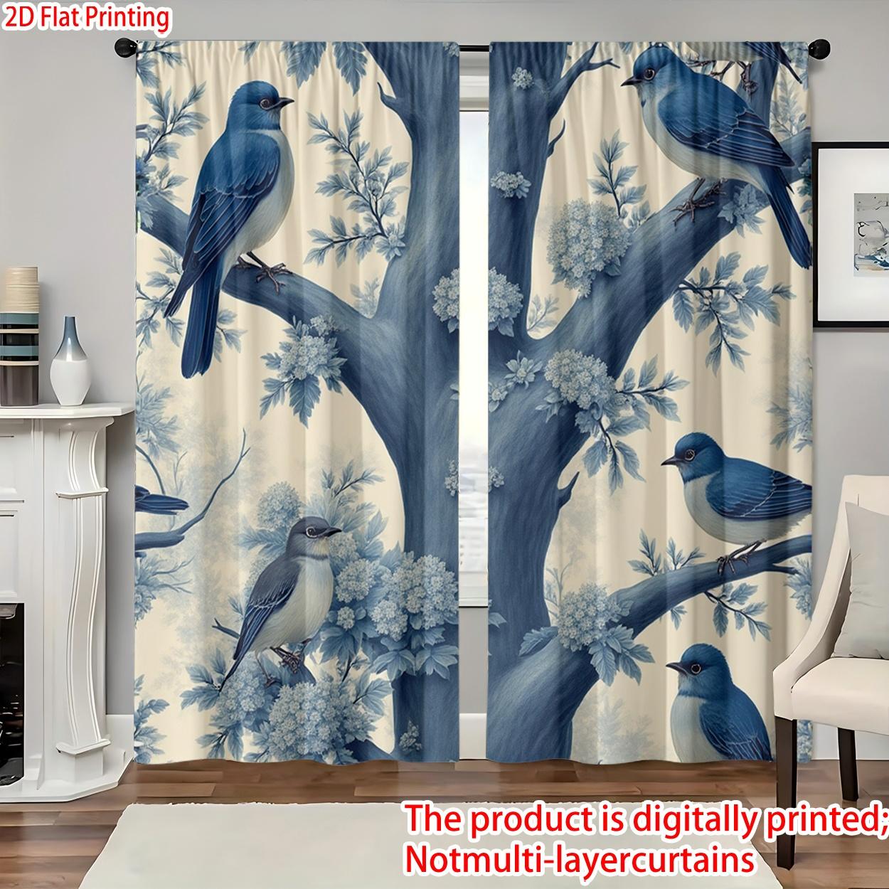 2 pieces, 2D flat printing, polyester materialBlue Birds Perched on TreePatterned print, light-filtering curtains, suitable for decorating bedrooms, living rooms, and other settings; features a rod pocket design for easy rod installation.