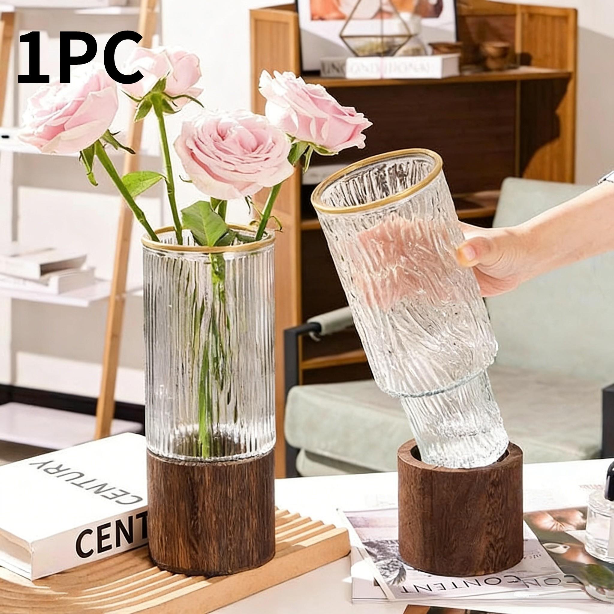 Modern Detachable Glass Flower Vase with Wooden Base, Gold Rim Ribbed/Ice Texture Vase for Home Decor, Perfect for Roses, Lucky Bamboo, Table Centerpieces