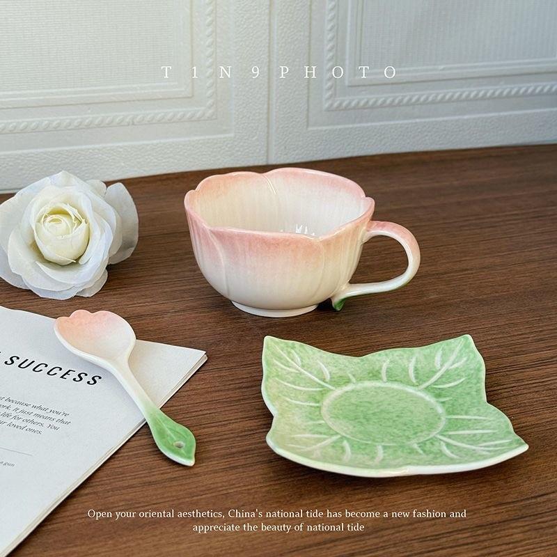 Gift for Her 💗 Floral Embossed Ceramic Cup with Saucer  Vintage Coffee Mug therapeutic cup for Cappuccino   Latte Art Coffee Cup Pink and Blue Flower Cup 🌸  Aesthetic