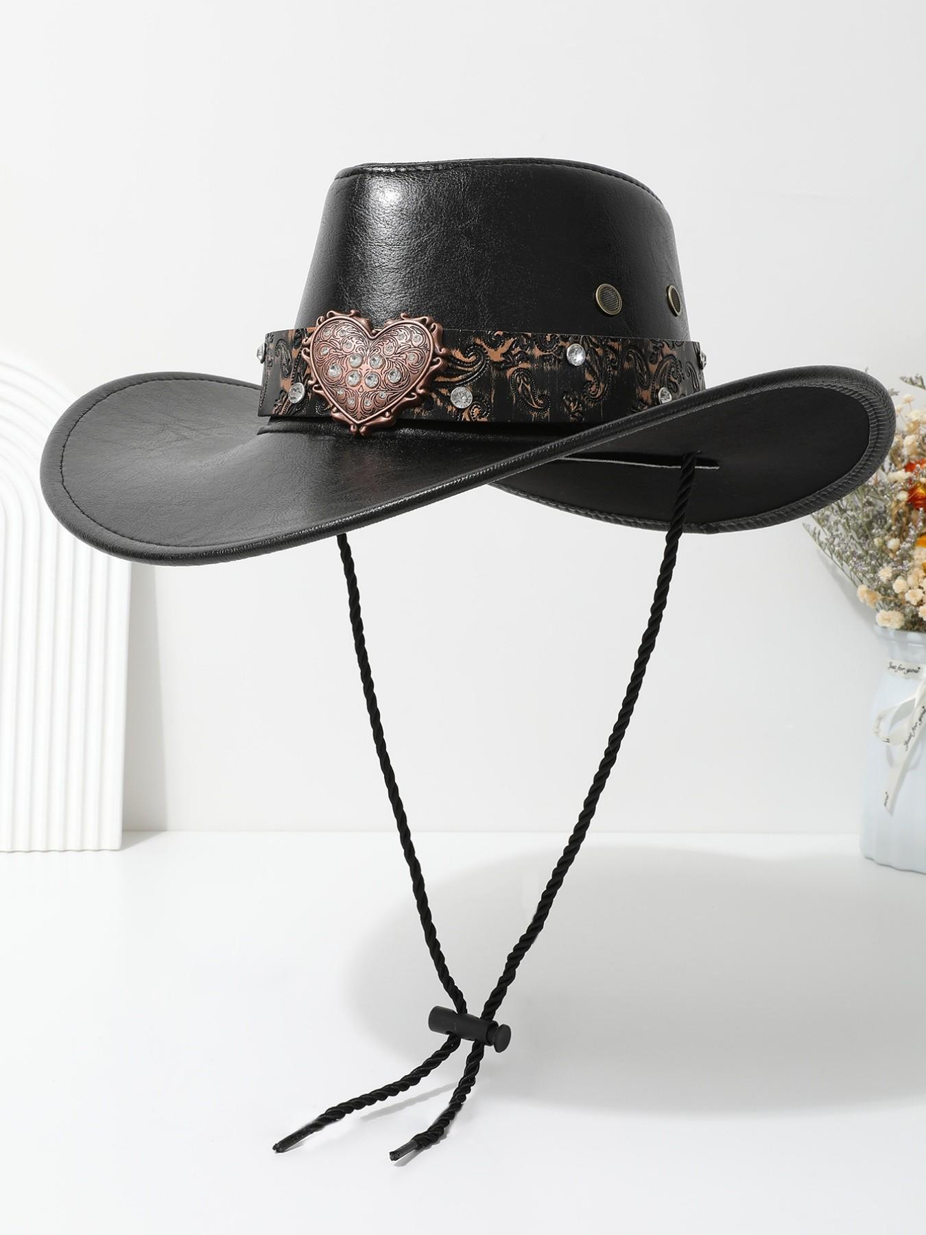 Vintage Heart-Shaped Rhinestone Leather Classic Cowboy Hat, Western Paisley Pattern Sun Hat, Unisex Daily Wear Party Cap