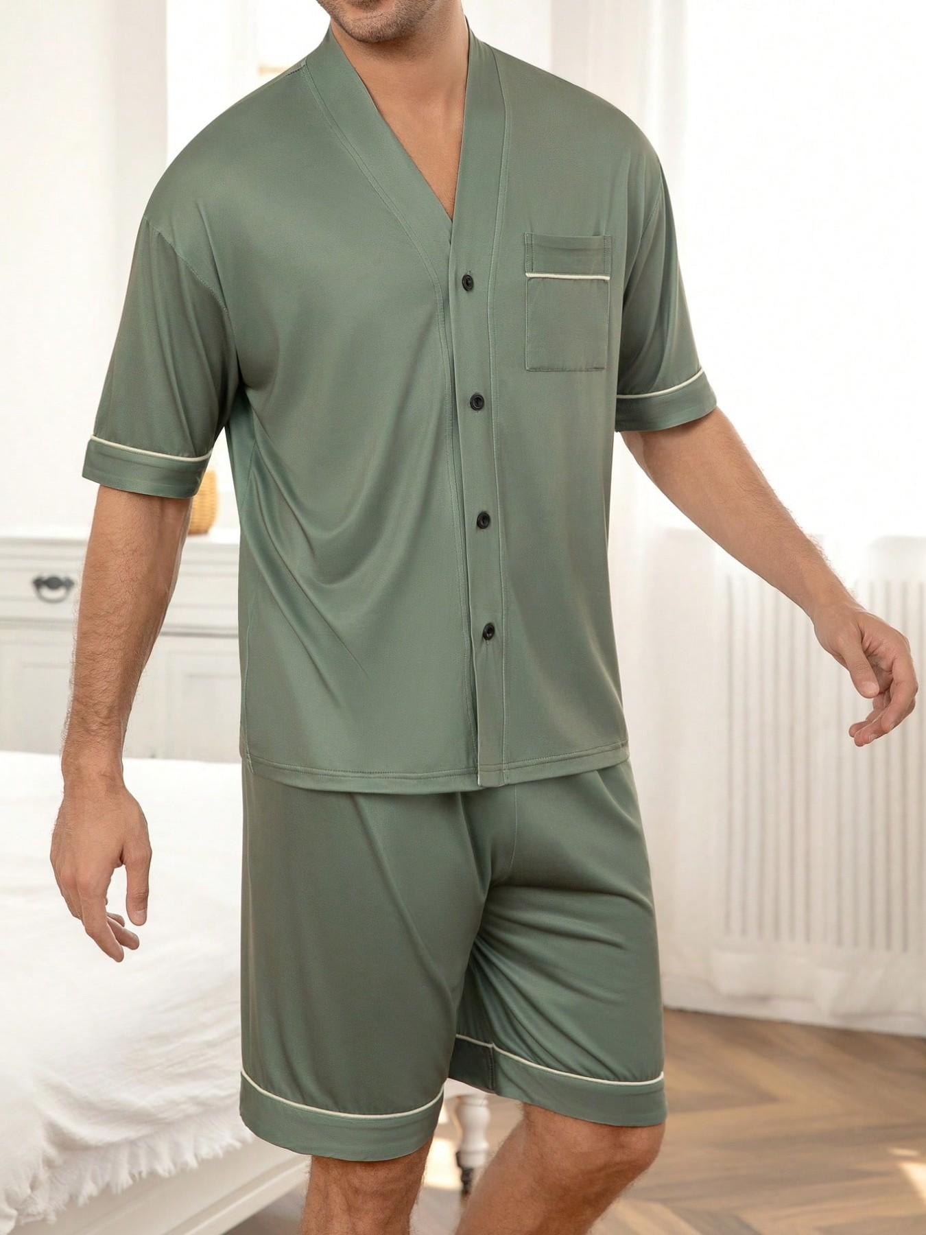 Men's Short Sleeve Pajama Set Pjs Pyjamas Homewear, Solid Color V-Neck Open Front, Contrast Trim with Pockets, Comfortable Sleepwear Loungewear Two-Piece Set