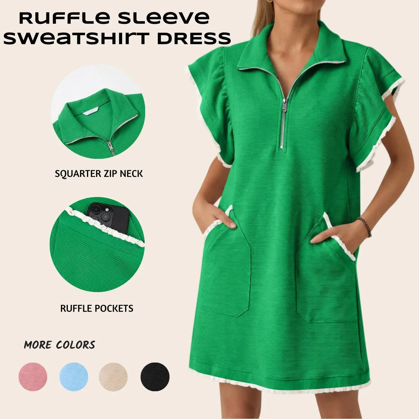 【SALE】Imily Bela Womens Ruffle Sleeve Sweatshirt Dress Summer Oversized Zipper V Neck Mini Dresses Casual Vacation Outfits