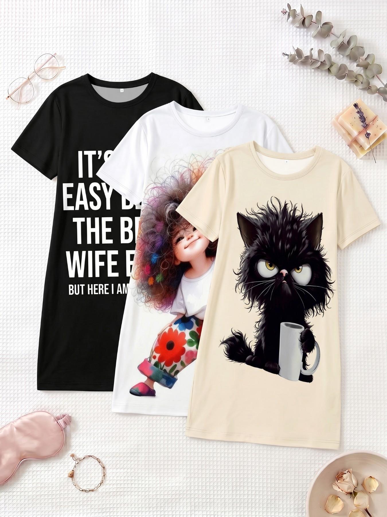 3-Pack Women's Nightdresses, Round Neck Short Sleeve, All-Season Comfortable Breathable, Casual Home Wear Loungewear, Large Cartoon Print, Nightwear, Summer Sleepwear