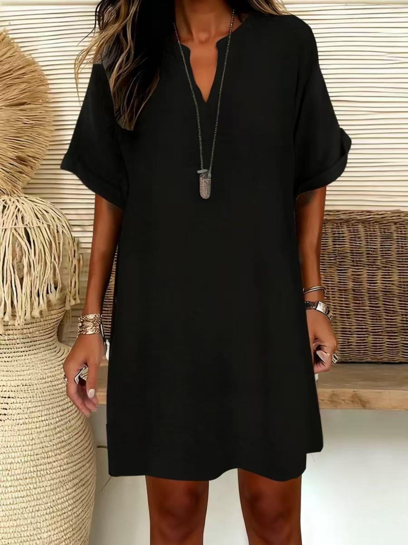 Women's Plain V-Neck Short Sleeve Dress, Casual Drop Shoulder A-Line Midi Skirt, Summer Fashion, Comfortable and Stylish