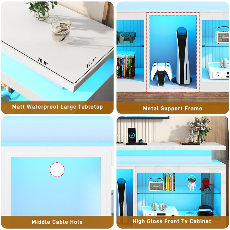 71" LED TV Stand with Power Outlet,60-Colors LED Lights For 65 70 80 in TV,High Gloss Gaming Entertainment Center w/Adjustable Shelves,TV Console with Modern Design for Living Room Bedroom (Black/White)