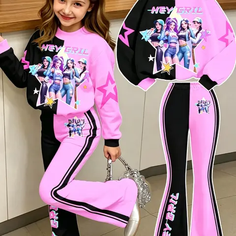 Girls' Korean Style Colorblock Set, Cartoon Print Round Neck Sweatshirt and Bell Pants, Sweet Cool Dopamine Fashion, Ages 4-14
