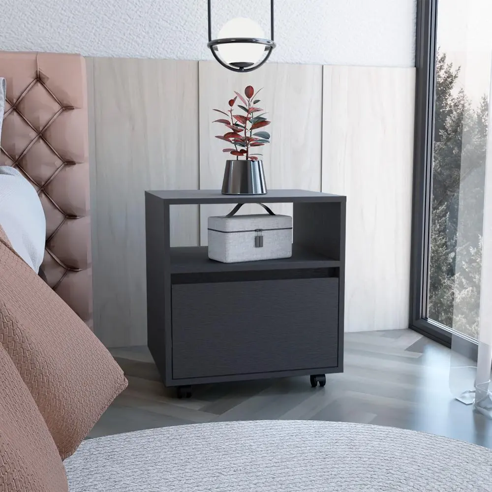 Modern Rolling Nightstand with Caster Wheels, Single Drawer and Divided Shelf, Wenge Finish, 15.7 x 15.7 x 20.5 Inches