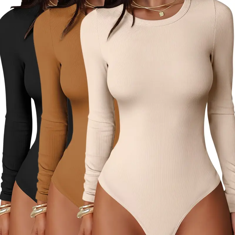 Women's Fall Winter Elegant Comfortable Round Neck Ribbed Long Sleeve Slim Bodysuit Set, Knitted Bodysuits, 3 Piece Tight Fit One-Piece Top, Body Sculpting Garment