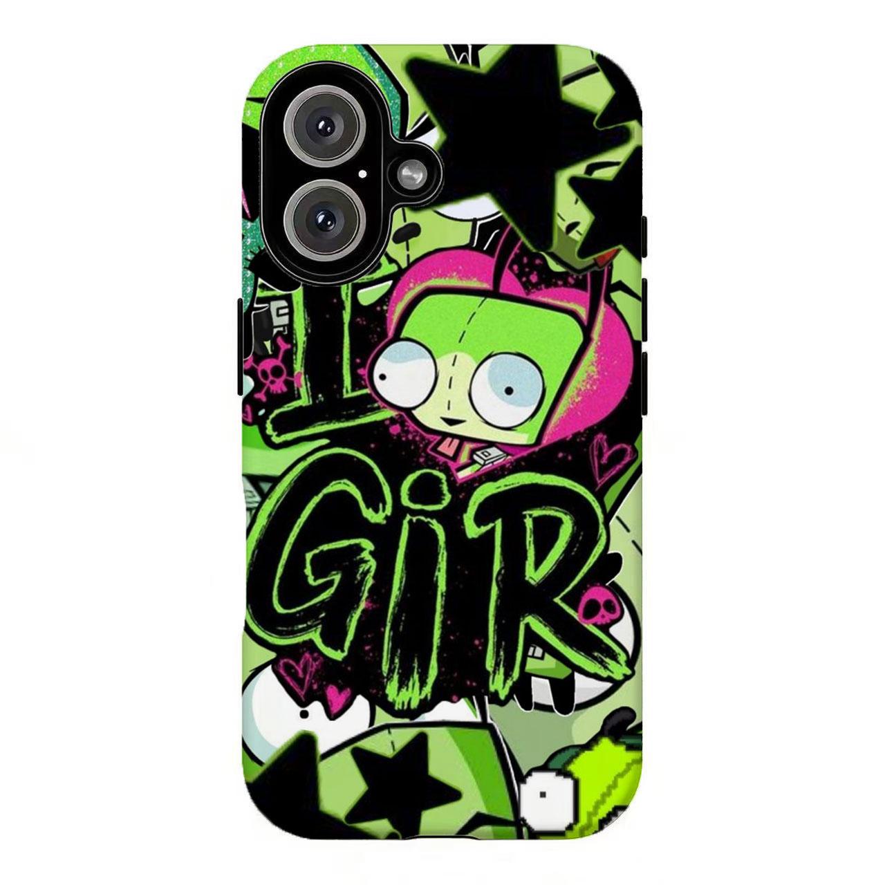 FL-Invad3r Zim GIR Skulls & Stars Phone Case,Green Alien Cartoon Y2K Punk Cover For iPhone 11 12 13 14 15 16 17 Air Pro Max for Samsung S26 S25 S24 S23 S22 S21 Case,Gift for her/him/fans