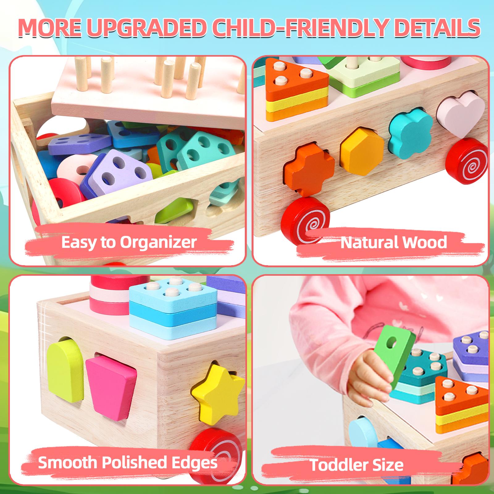 Edutree Wooden Shape Sorting and Stacking Toy 6-in-1 Montessori Peg Puzzle for Toddlers 1-3 Educational Activity Toy with Geometric Shape Cognition and Color Recognition