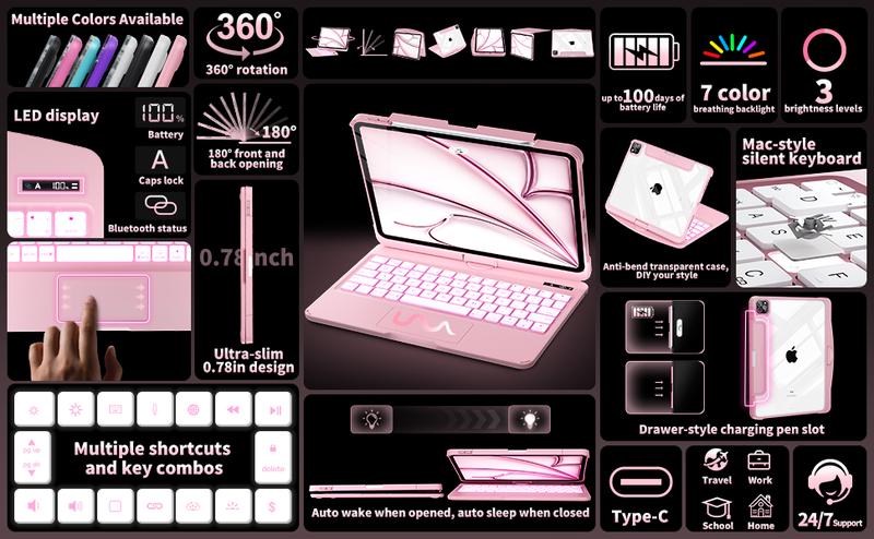 Blush Pink (Solid) Keyboard Case For iPad Pro 13/11inch – 360° Rotatable Multi-Touch Trackpad, 7-Color Backlit Keyboard, Transparent Back, Pencil Holder, Type-C Charging