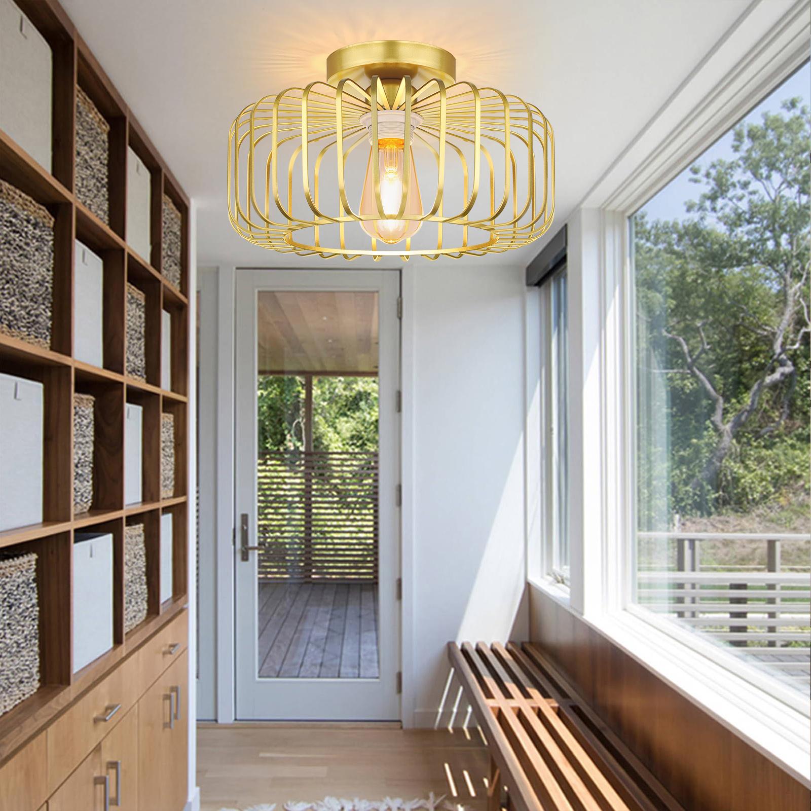 Serbasic Semi-Flush Mount Ceiling Light Fixtures Modern Gold Ceiling Light E27 Base Round Lampshade Chandelier for Hallway Bedroom Foyer Living Room Dining Room Kitchen