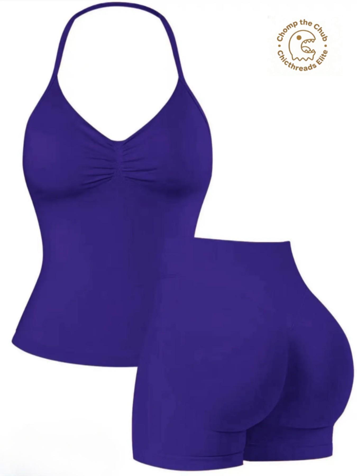 Bootie Lifting & Snatched Waist Yoga Set, Halter Ruched Top + High Waist Sculpting Shorts, Ideal for Gym, Yoga, Activewear, Gym Workout Set, High Stretch Sporty, Gym Clothes Workout