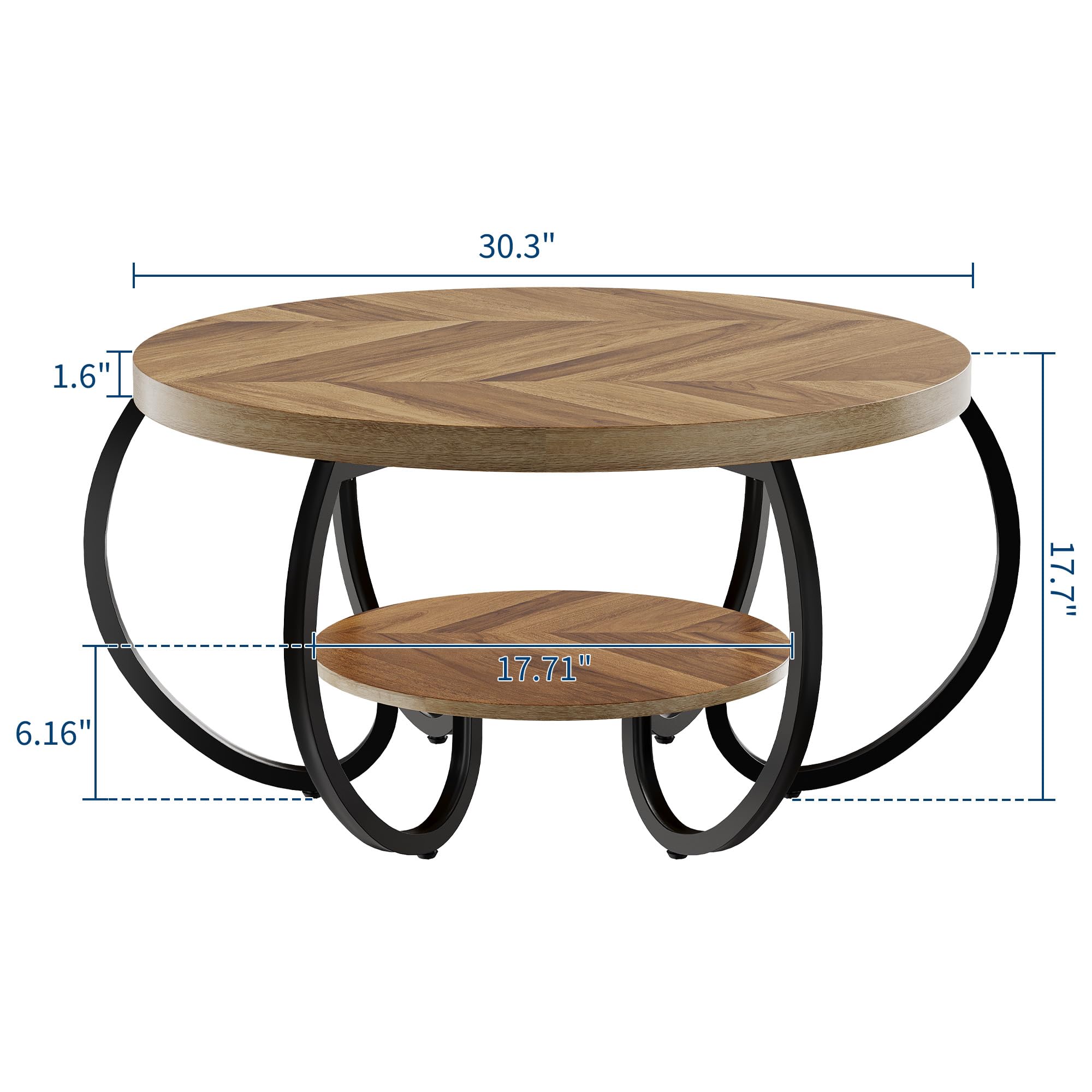 30 Inch Round Farmhouse Coffee Table with Storage Shelf, 2 Tier Rustic Wood Center Table with Curved Metal Legs, Compact Living Room Furniture for Small Spaces Apartments Office