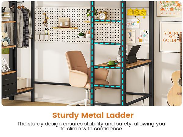 Hasuit Twin Size Loft Bed with Desk & Charging Station Metal Frame LED Lights 4 Storage Shelves 2 Fabric Drawers Safety Guard Clothes Rail Ladder for Students Assembly Required Hasuit Twin Size Loft Bed with Desk & Charging Station Metal Frame LED Lights 4 Storage Shelves 2 Fabric Drawers Safety Guard Clothes Rail Ladder for Students Assembly Required