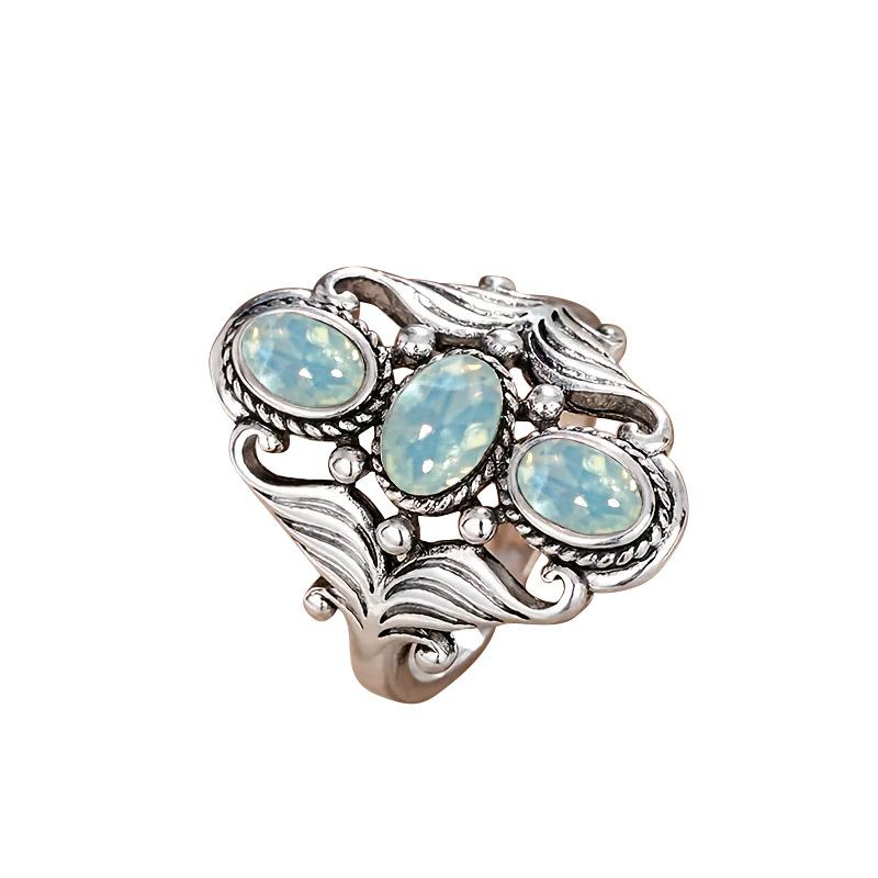 Women's Vintage-Inspired Silver-Plated Moonstone Lotus Ring - Elegant Fashion Rings, Retro Ethnic Exquisite Jewelry Accessory for Daily, Party Wear, Vintage Inspired Ring