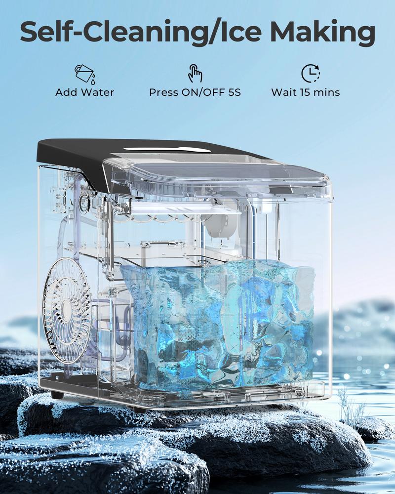 Ice Makers Countertop, 26.5lbs/24H, 9 Bullet Ice Cubes in 6 Mins, Self-Cleaning Ice Makers with Basket and Scoop, 2 Sizes of Bullet Ice